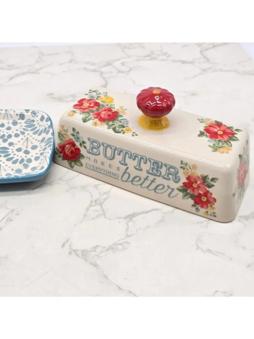 Pioneer Woman Covered Butter Dish VINTAGE FLORAL Stoneware Blue Cottage Country